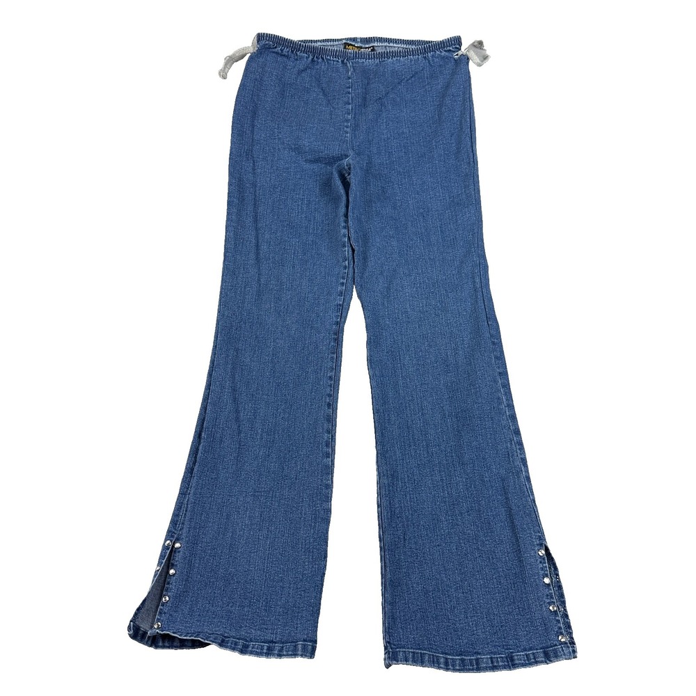 Metrostyle Stretch Jeans Womens L Blue Pull On Flare Pants Y2K Studded Slit Hem